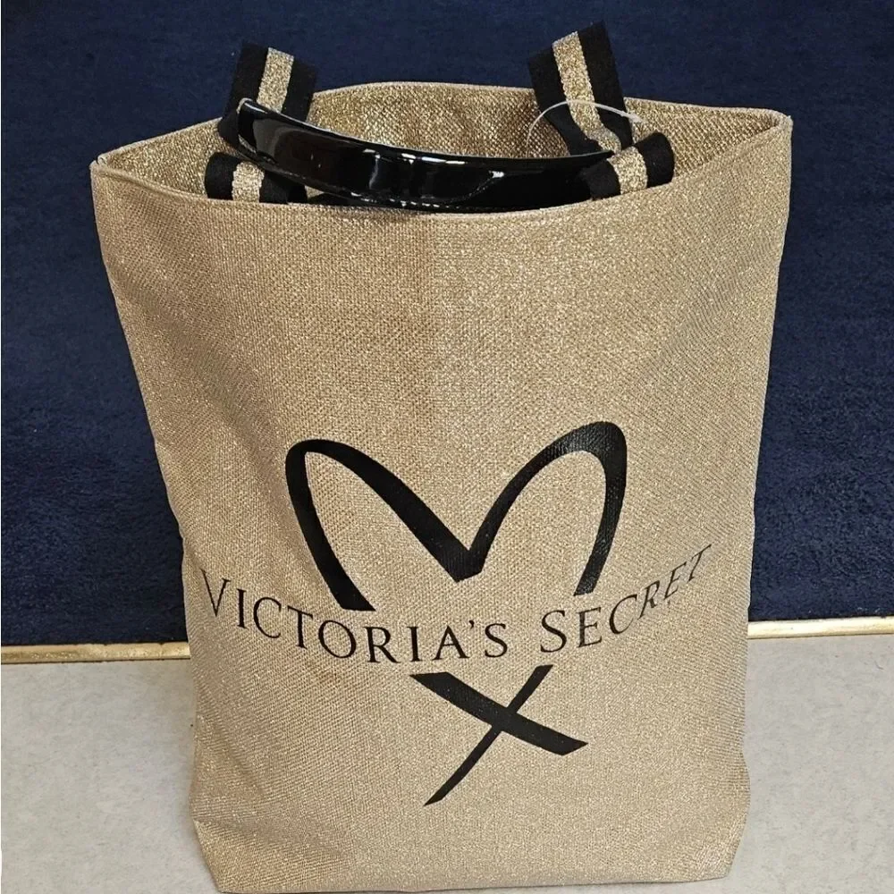 VICTORIA SECRET GOLD SPARKLY LARGE TOTE - Picture 1 of 12